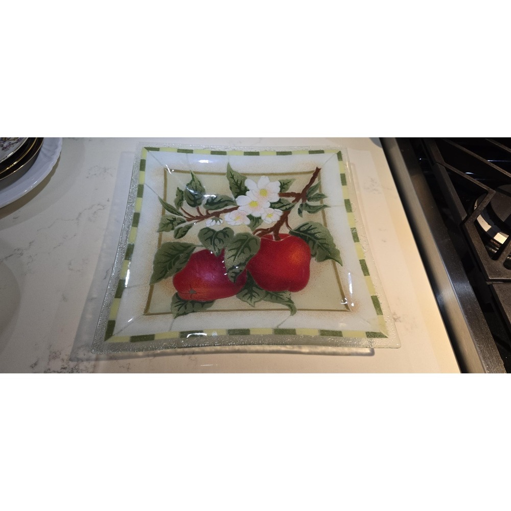 VTG Peggy Karr Fused Art Glass 10" Square Plate Apple Blossoms Signed Retired